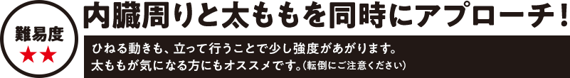 難易度★★ 内臓周りと太ももを同時にアプローチ！ひねる動きも、立って行うことで少し強度があがります。太ももが気になる方にもオススメです。（転倒にご注意ください）