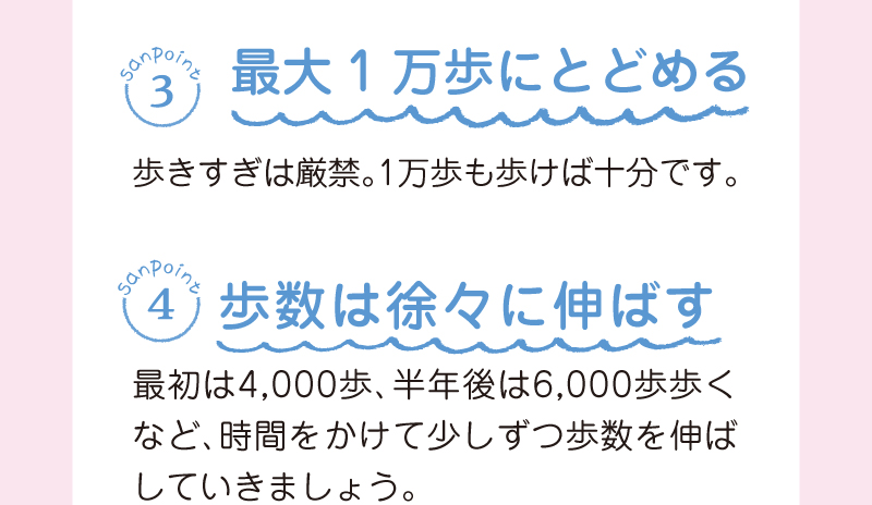 (3)最大1万歩にとどめる、(4)歩数は徐々に伸ばす