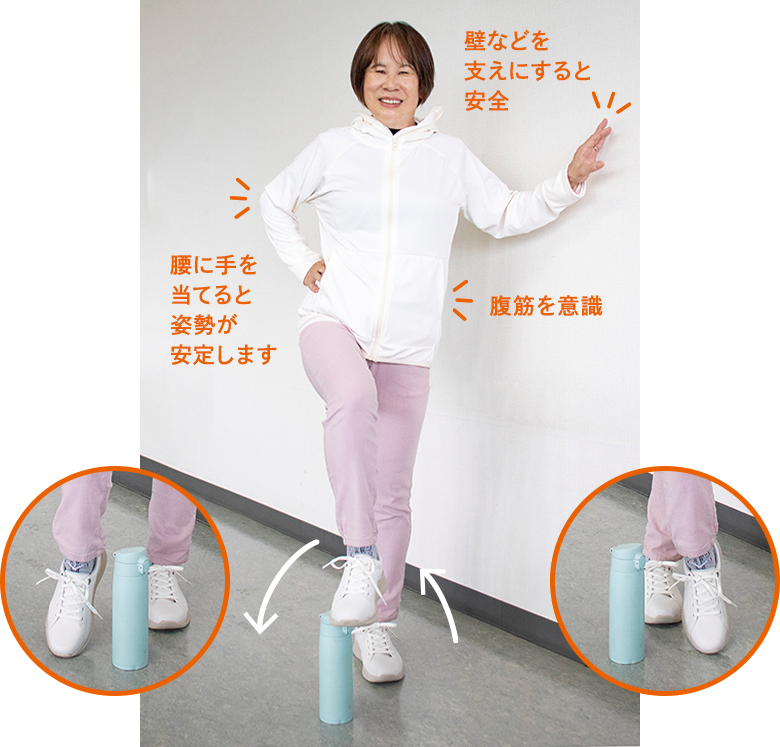 壁などを支えにすると安全 腰に手を当てると姿勢が安定します 腹筋を意識