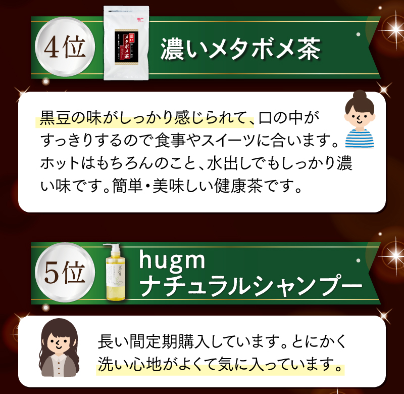 【4位】濃いメタボメ茶＆【5位】hugmナチュラルシャンプー