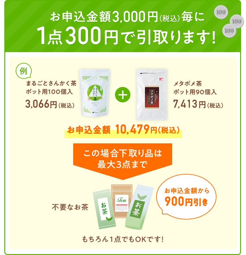 お申込金額3,000円（税込）毎に1点300円で引取ます！